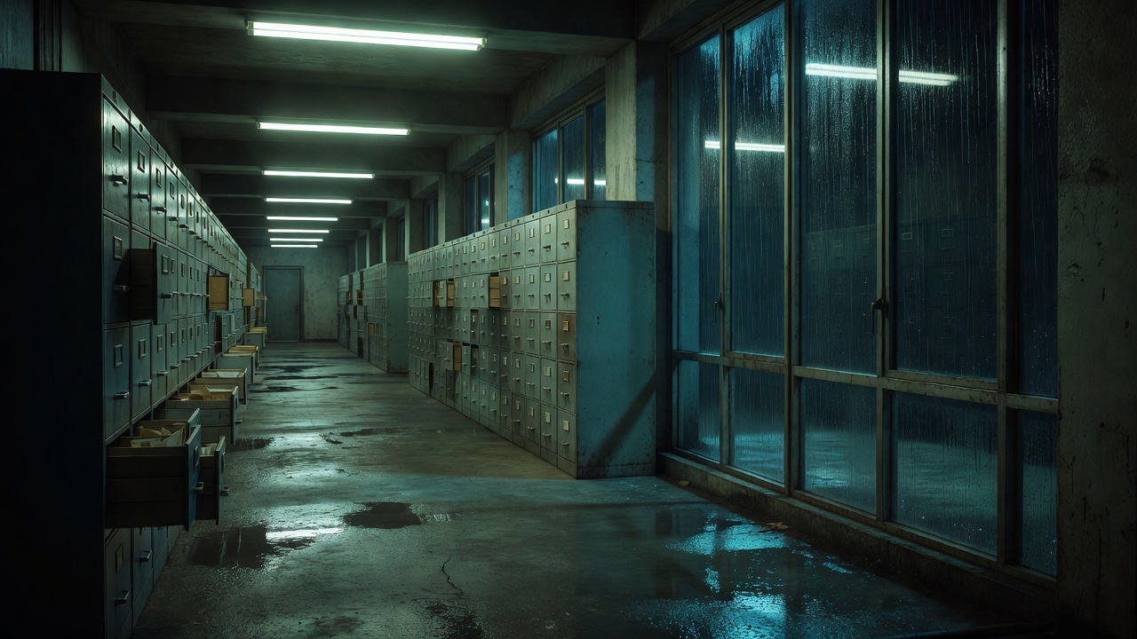 雨夜档案馆走廊与成排文件柜的场景照，冷色灯光，画面无人